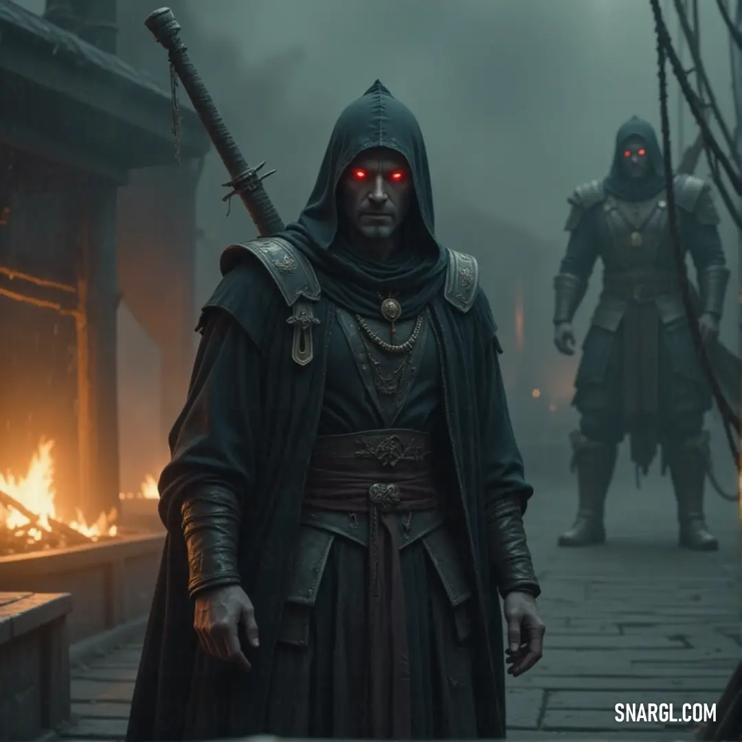 Cursed Necromancer and a demon in a fiery, dark alley, shrouded in mystery and foreboding darkness. A cursed Necromancer draped in a dark hooded cloak stands in the middle of a smoky alley. Behind him, a demonic figure lurks, with flames flickering in the background, intensifying the dark aura that surrounds them both.
