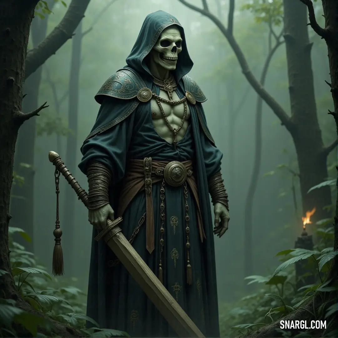 Cursed Necromancer holding a sword and a candle in a misty forest, with a skull on his chest, commanding the dark forces. A hooded Cursed Necromancer, holding a sword in one hand and a flickering candle in the other, stands in a dense, misty forest. A skull adorns his chest, symbolizing his mastery over death and the cursed arts.