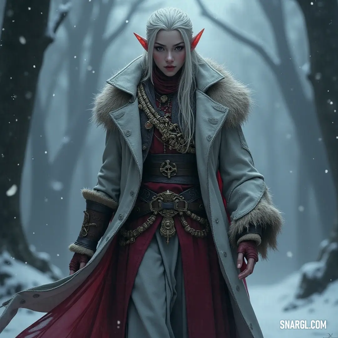 This adventurous figure strides through the enchanting forest, her red and grey attire billowing in the soft breeze. A striking red cape rests on her shoulders, invoking a sense of mystery as the dappled sunlight filters through the trees.