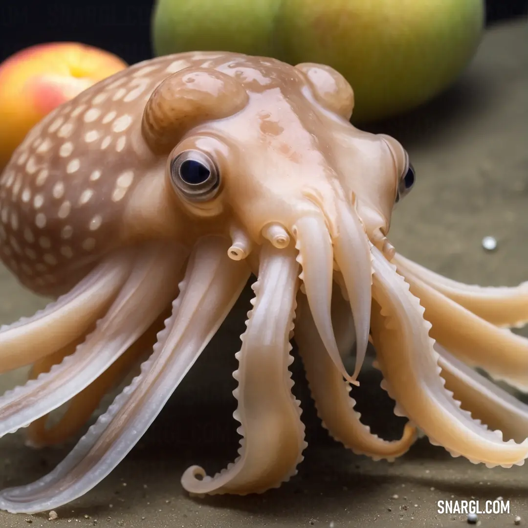 Close up of a squid on a table with apples in the background