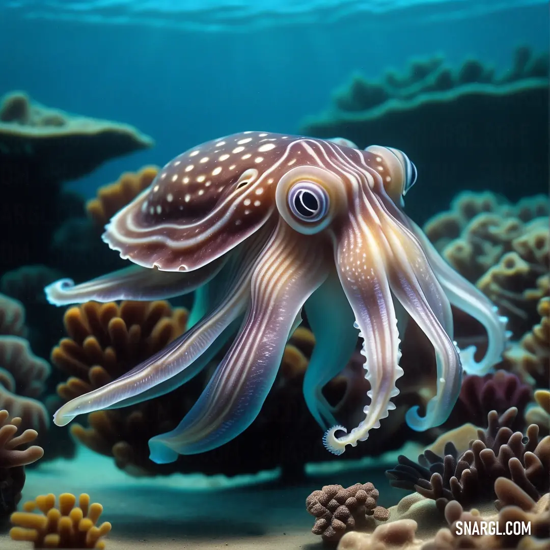Large octopus swimming in a blue ocean with corals and other sea life around it