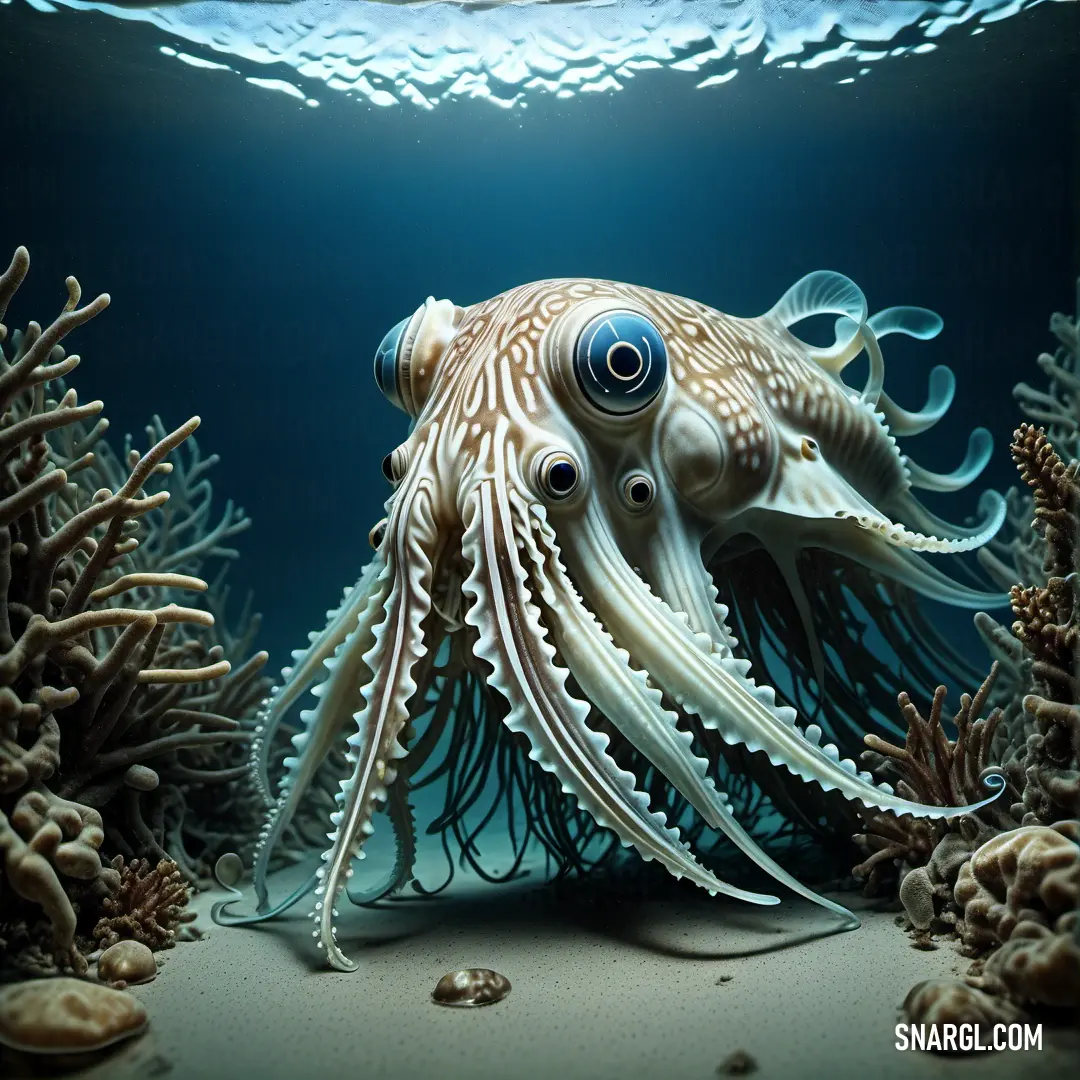 Large squid is swimming in the ocean water with a light shining on it's head and eyes