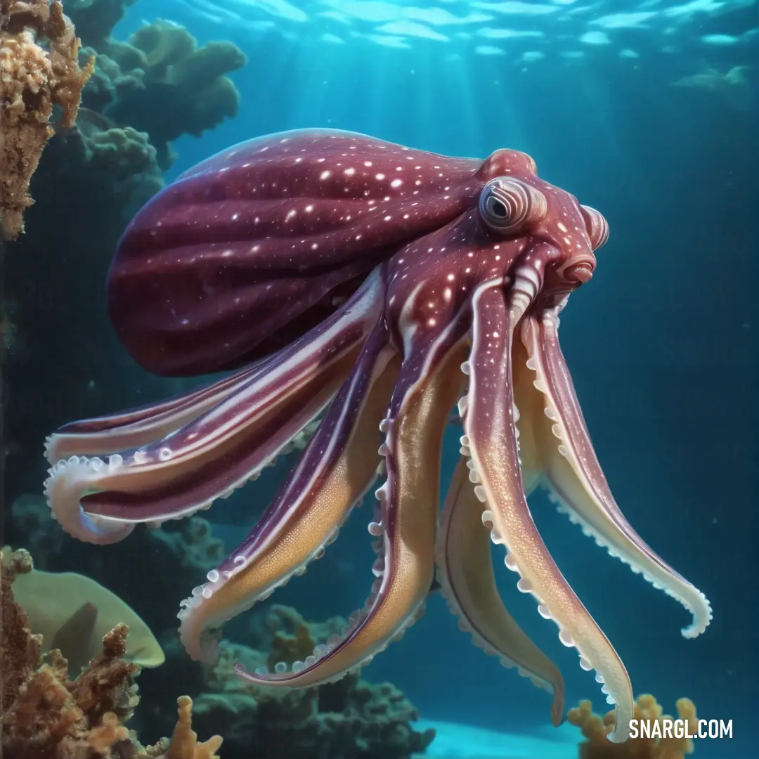Octopus is swimming in the ocean water with its head turned to the side and its mouth open