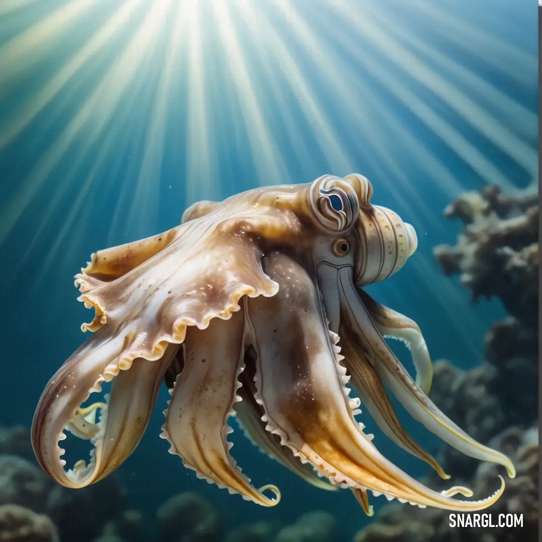 Octopus swimming in the ocean with sunbeams above it's head and a fish swimming below it
