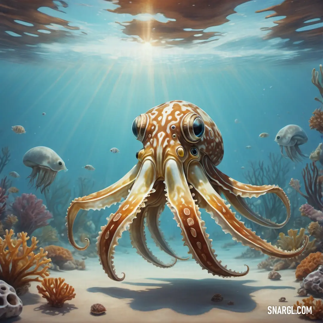 Painting of an octopus swimming in the ocean with other fish around it and a sunbeam above it