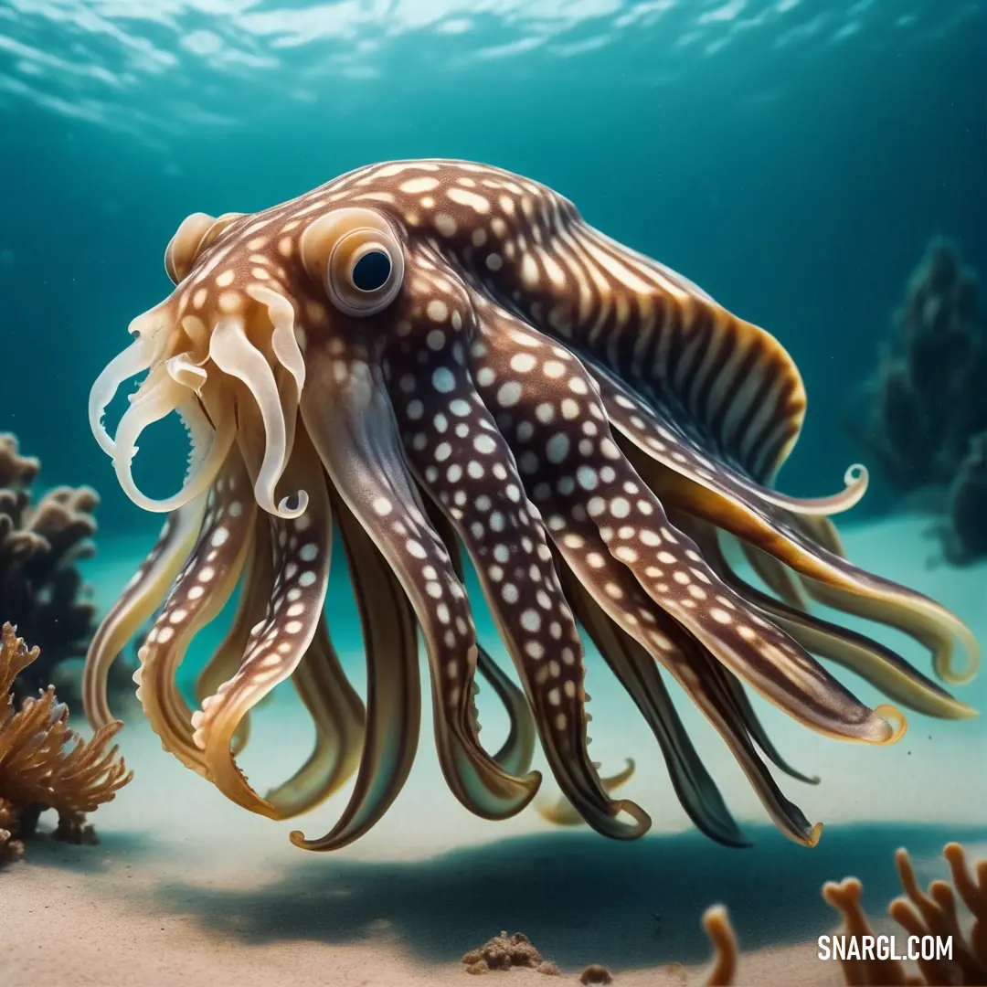 Squid is swimming in the ocean water with its tentacles out and it's eyes open and it's head turned to the side