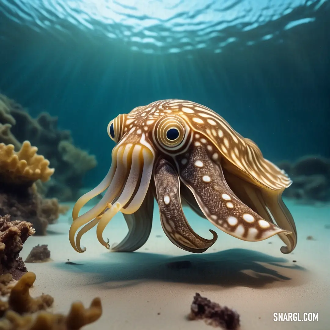 Squid is swimming in the ocean with its head turned to the side and its eyes open