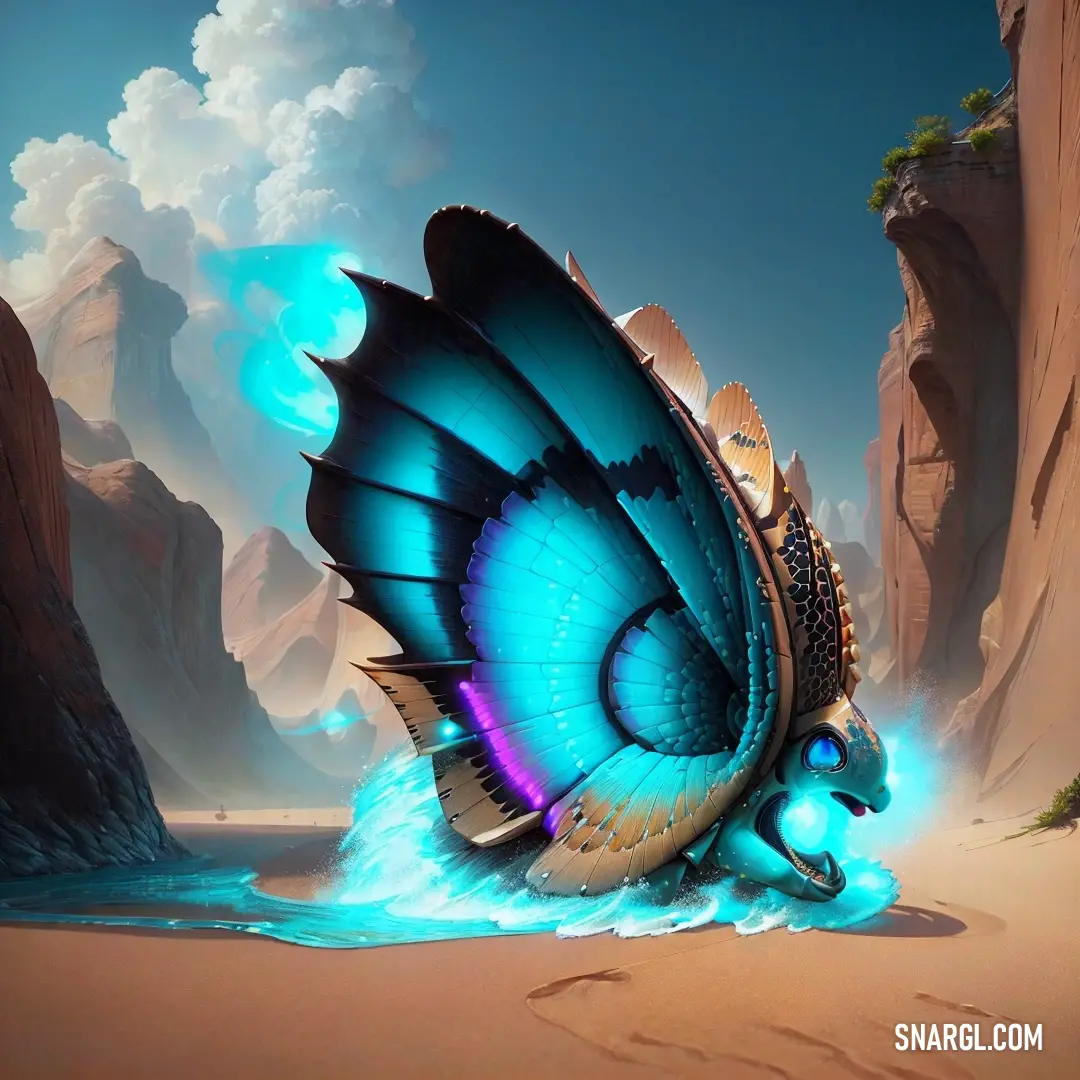 Blue butterfly with a blue light on its wings is flying over a beach and a cliff in the background