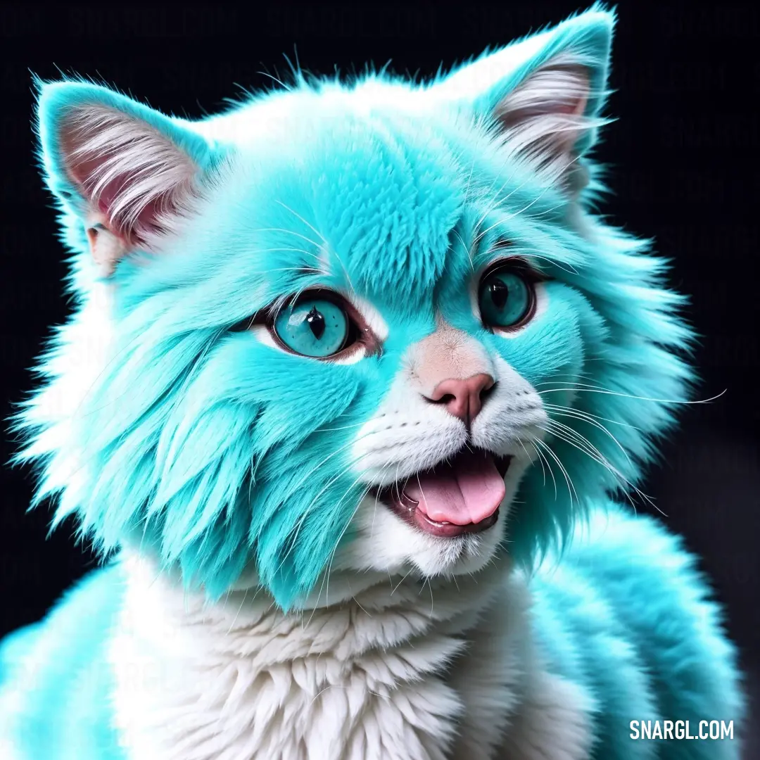 Blue cat with white fur and a black background is looking at the camera with a surprised look on its face