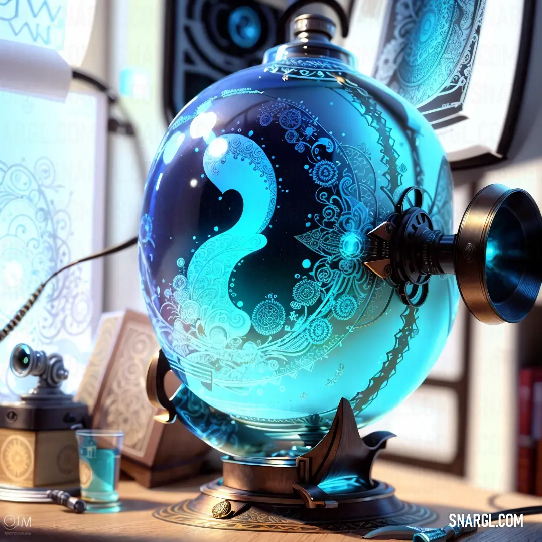 Blue glass globe with a swirly design on it on a table next to a clock and a small glass cup