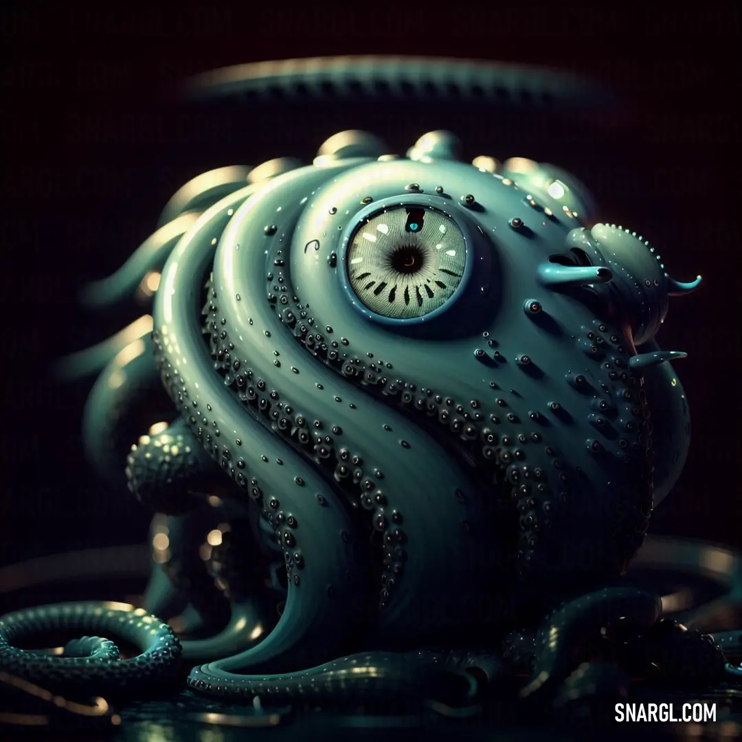 Blue octopus with a clock on its face and a chain around it's neck and a black background