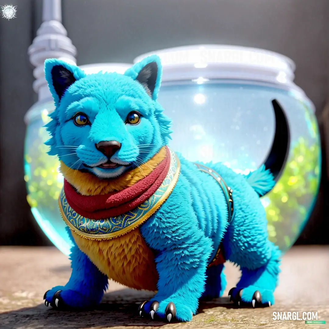 Blue toy cat with a red scarf around its neck and a fish bowl in the background with a light blue sky and stars