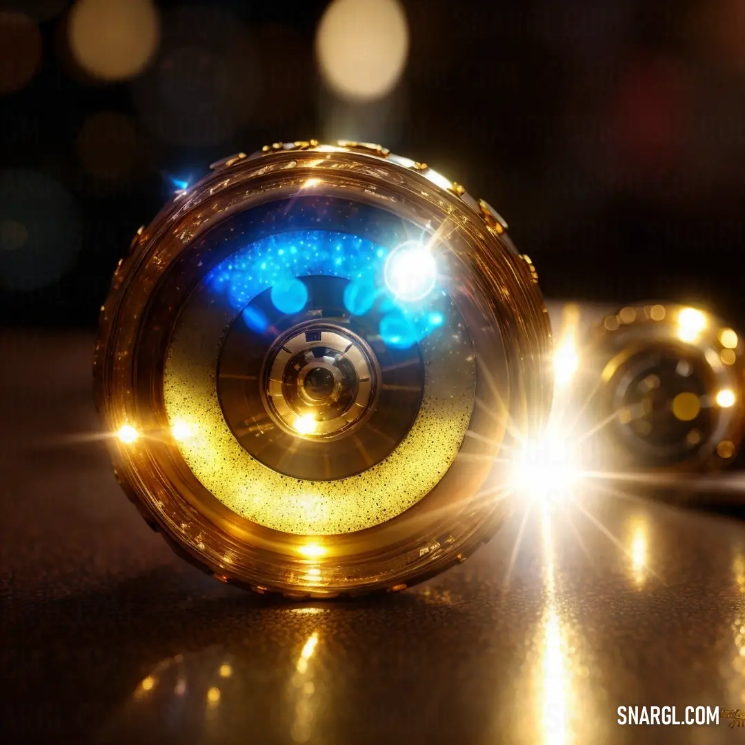 Close up of a shiny object on a table with lights in the background