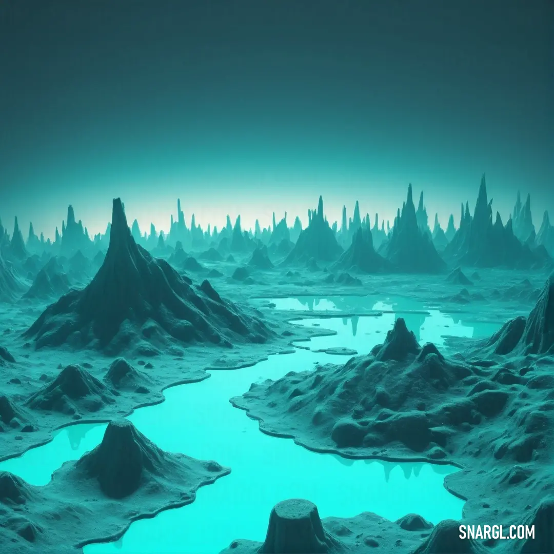 Computer generated image of a landscape with a river and mountains in the distance. Color Cyan.