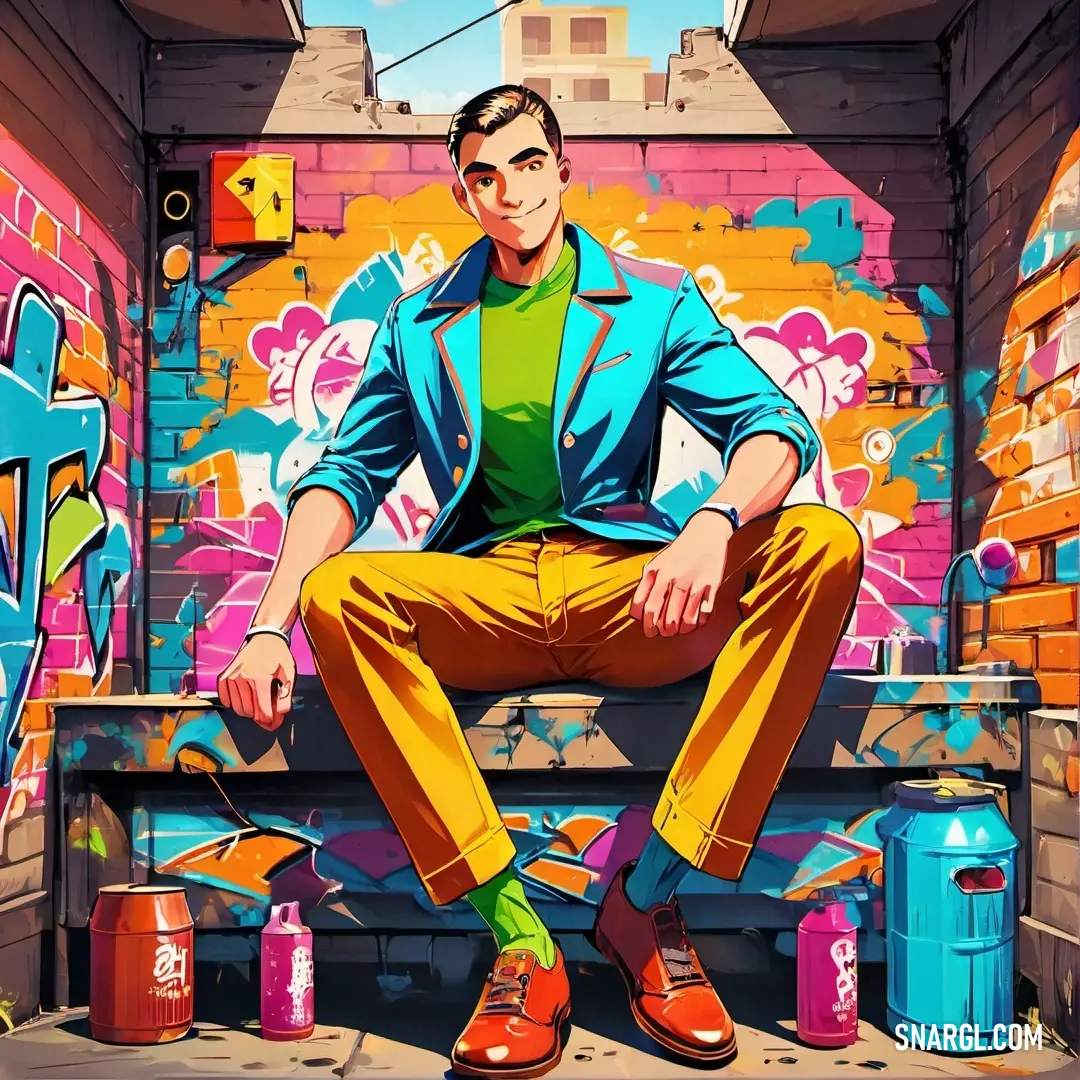 Cyan color. Man on a bench in front of a wall with graffiti on it and a blue jacket on