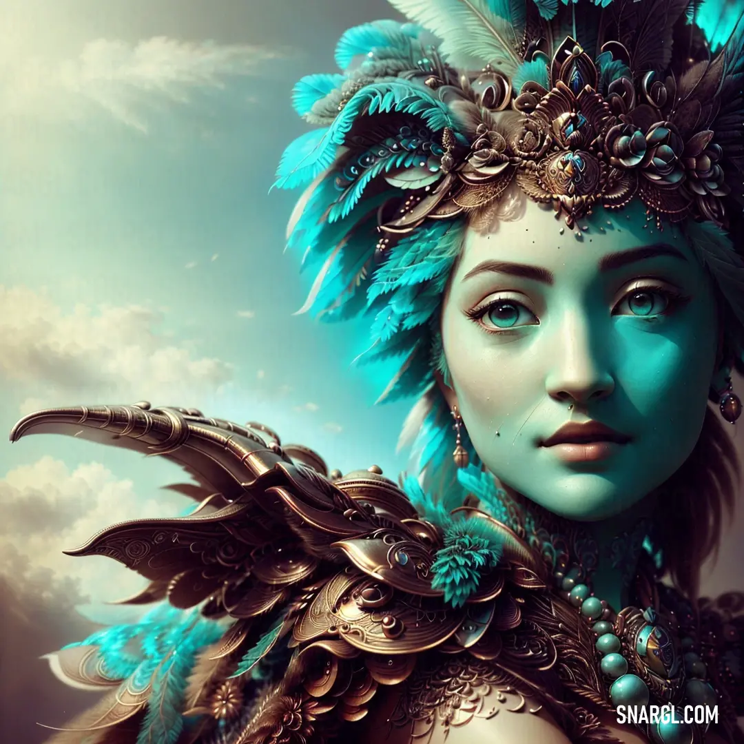 Woman with a blue headdress and feathers on her head and a sky background. Color Cyan.