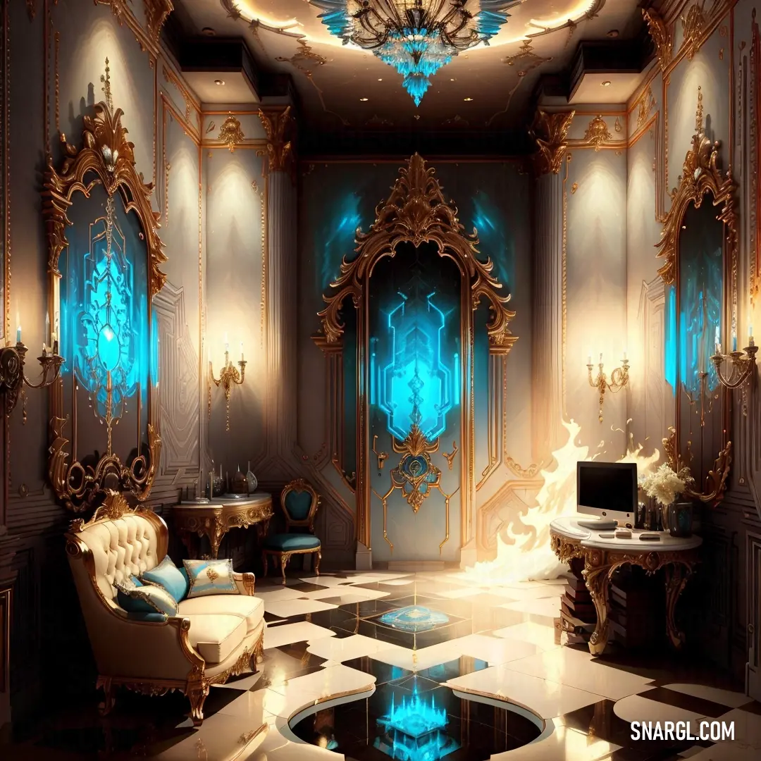 Fancy room with a fancy chandelier and a fancy chair and table in it