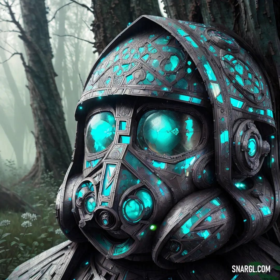 Futuristic helmet with glowing eyes in a forest with trees in the background and fog in the air