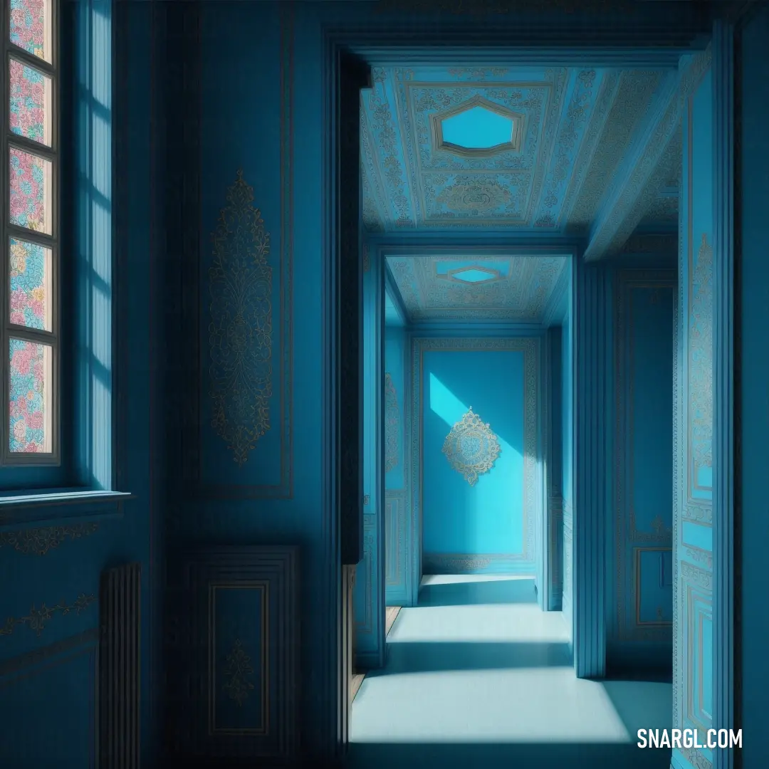 Hallway with a blue wall and a window with a light coming through it and a blue ceiling