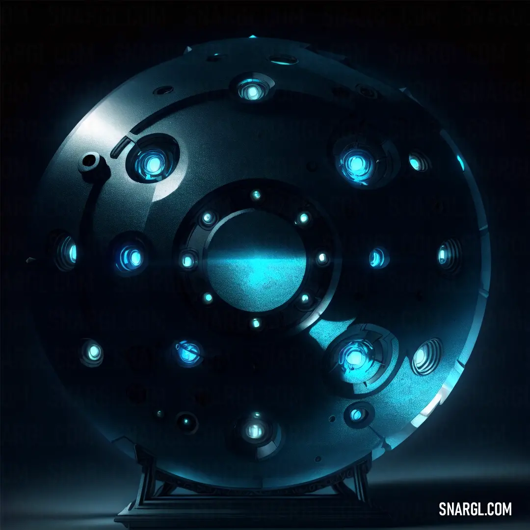 Large metal object with blue lights on it's side and a black background