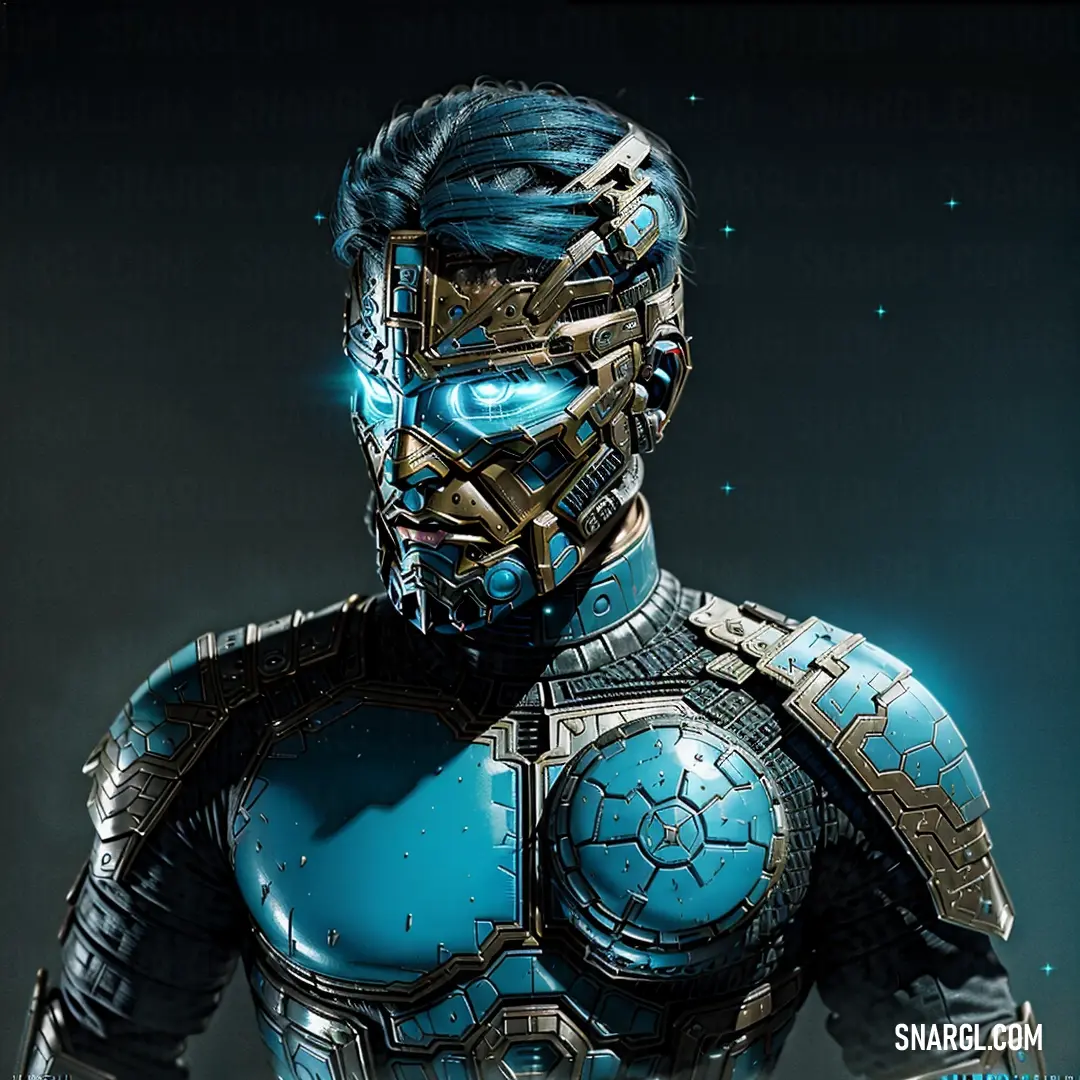 Man in a blue suit with a futuristic face and body armor on his chest