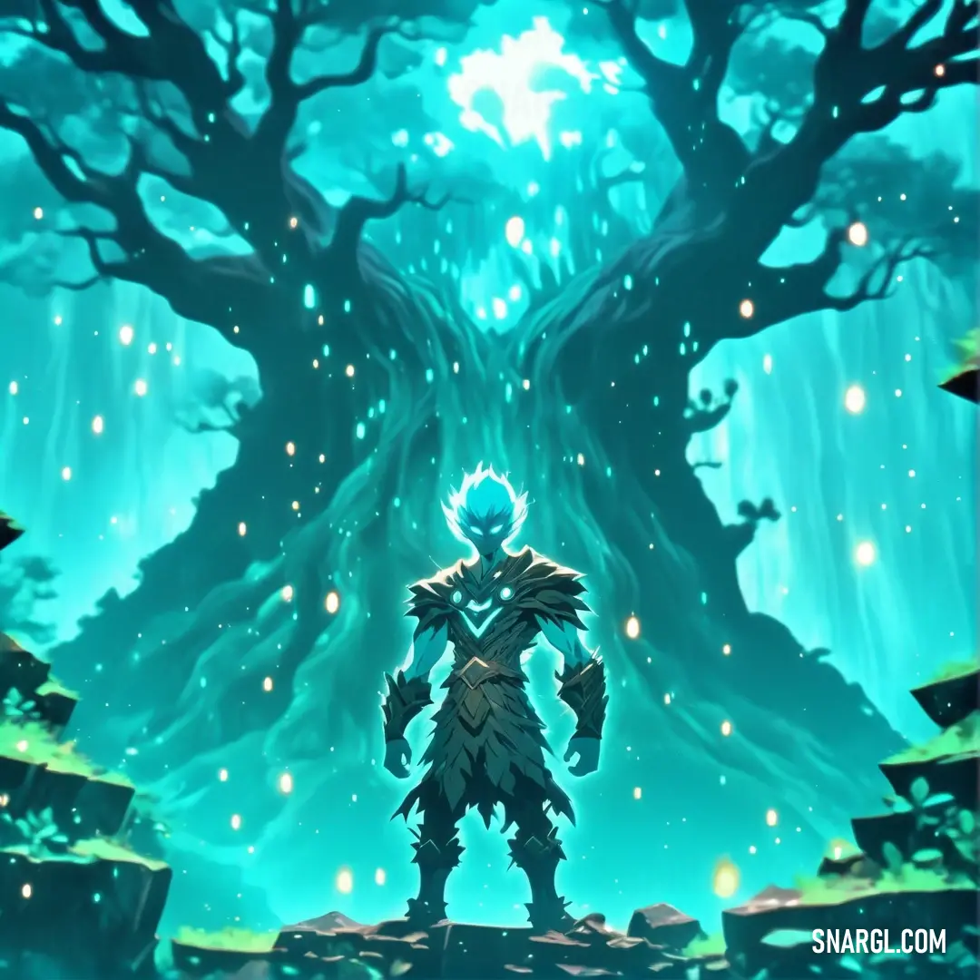 Cyan color. Man standing in front of a tree with a light on it's face and a forest in the background
