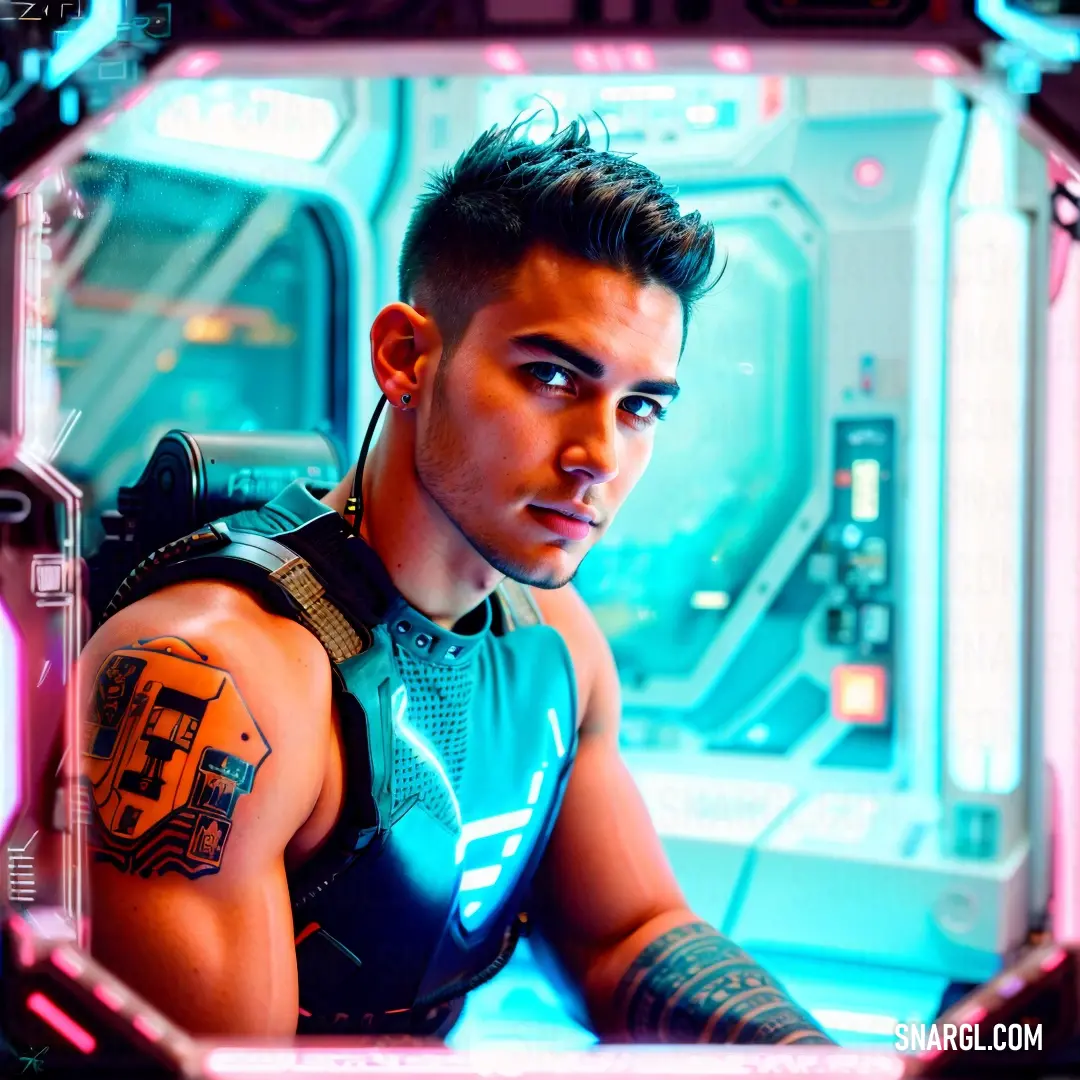 Man with a futuristic suit and tattoos on his arm looking at the camera in a mirror with a neon light