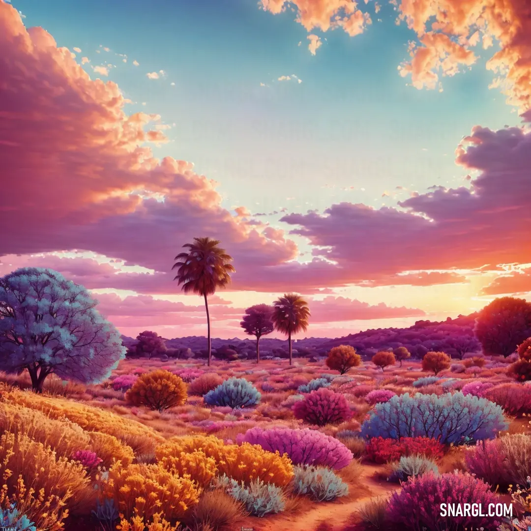 Painting of a desert with trees and bushes in the foreground and a sunset in the background with clouds