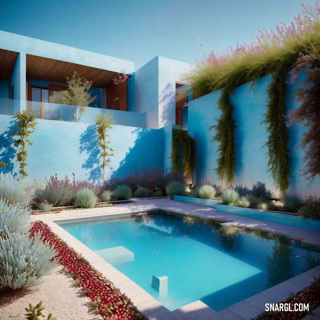 Pool surrounded by plants and a blue wall with a planter on it's side and a blue wall