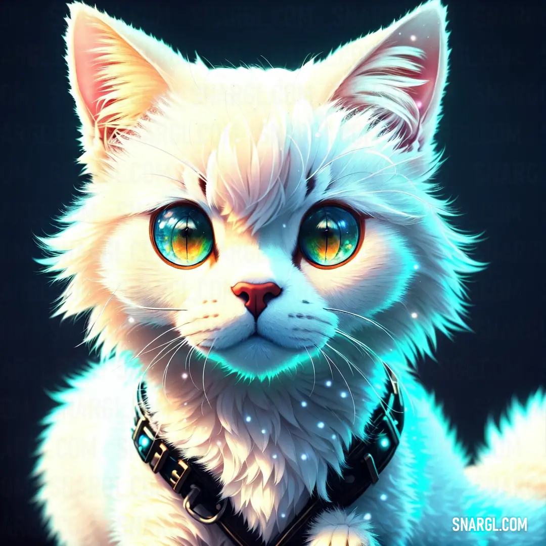 White cat with blue eyes and a collar on it's neck is looking at the camera with a serious look on its face