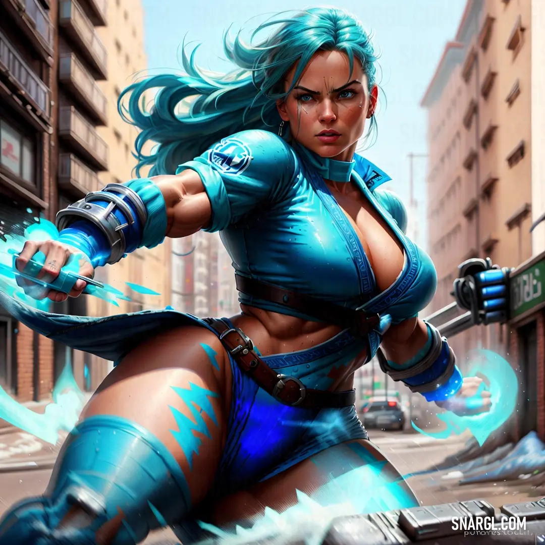 Woman in a blue outfit is holding a sword in a city street with buildings in the background