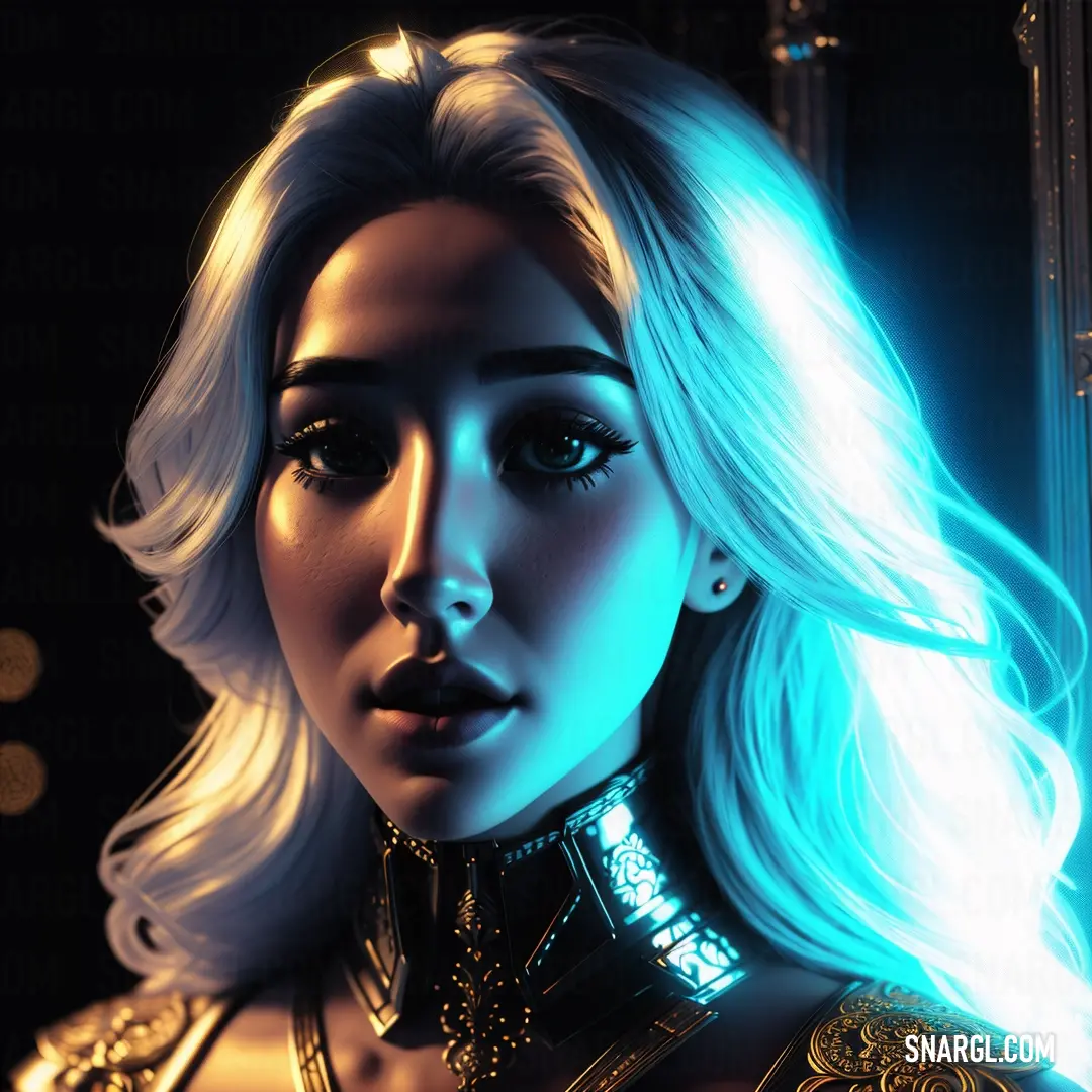 Woman with blonde hair and a blue light in her hair and a gold outfit with a collar