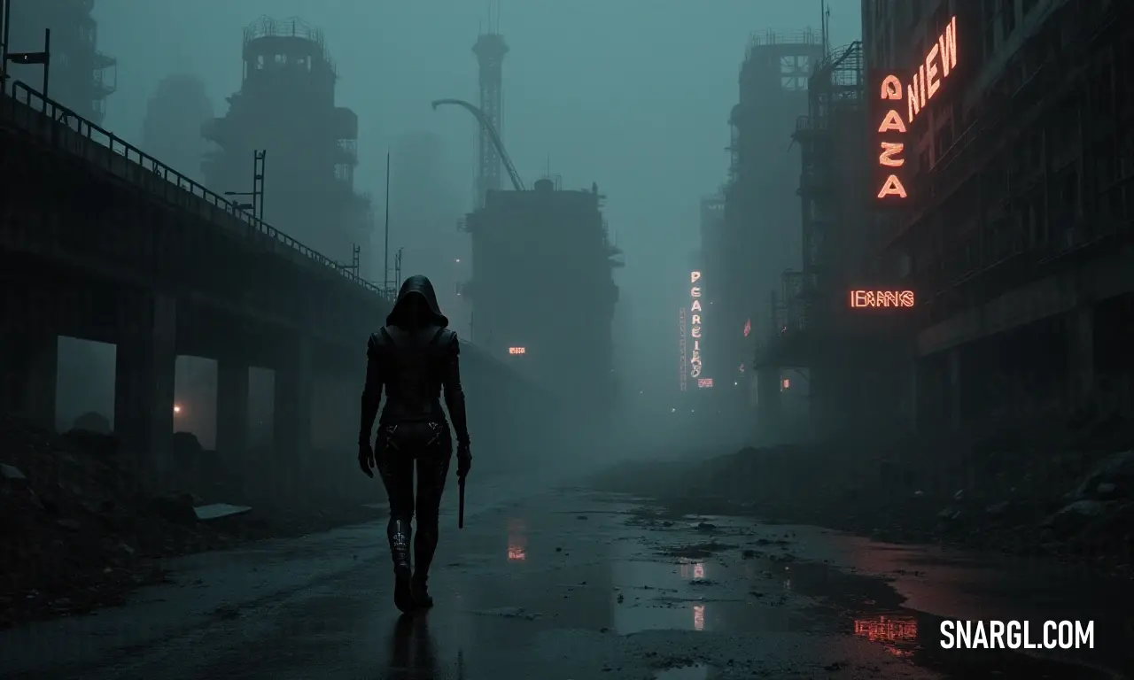 An urban wanderer explores a rainy street at night, where neon lights dance and shimmer in vibrant hues. A solitary figure navigates a rain-soaked street under the glow of vibrant neon signs, enveloped in the moody ambiance of a nocturnal urban landscape, with chilly raindrops reflecting the vivid colors of the city.