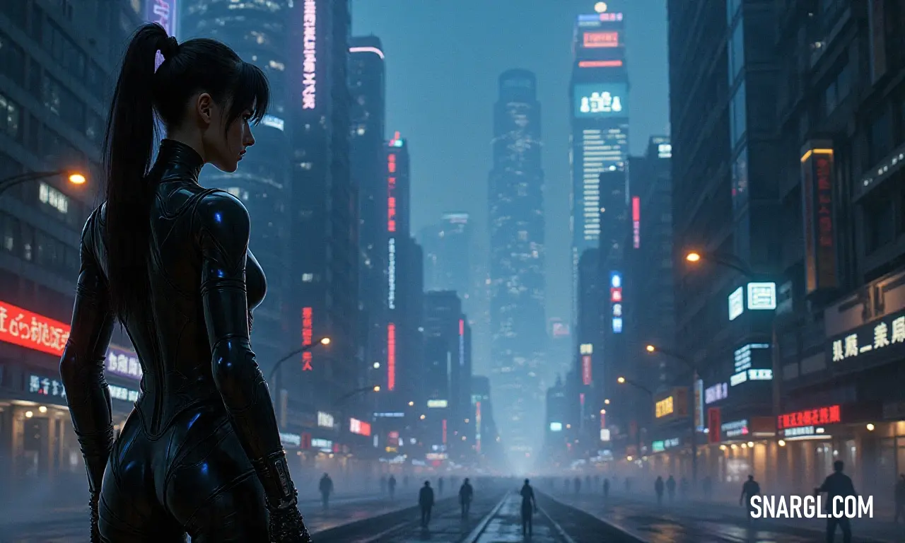 A modern heroine in a futuristic city, surrounded by the allure of night and neon lights. A captivating woman stands amidst the neon-glow of a futuristic cityscape at night, her ethereal presence accentuated by a stylish ponytail, as the city pulsates around her with an air of mystery and adventure.