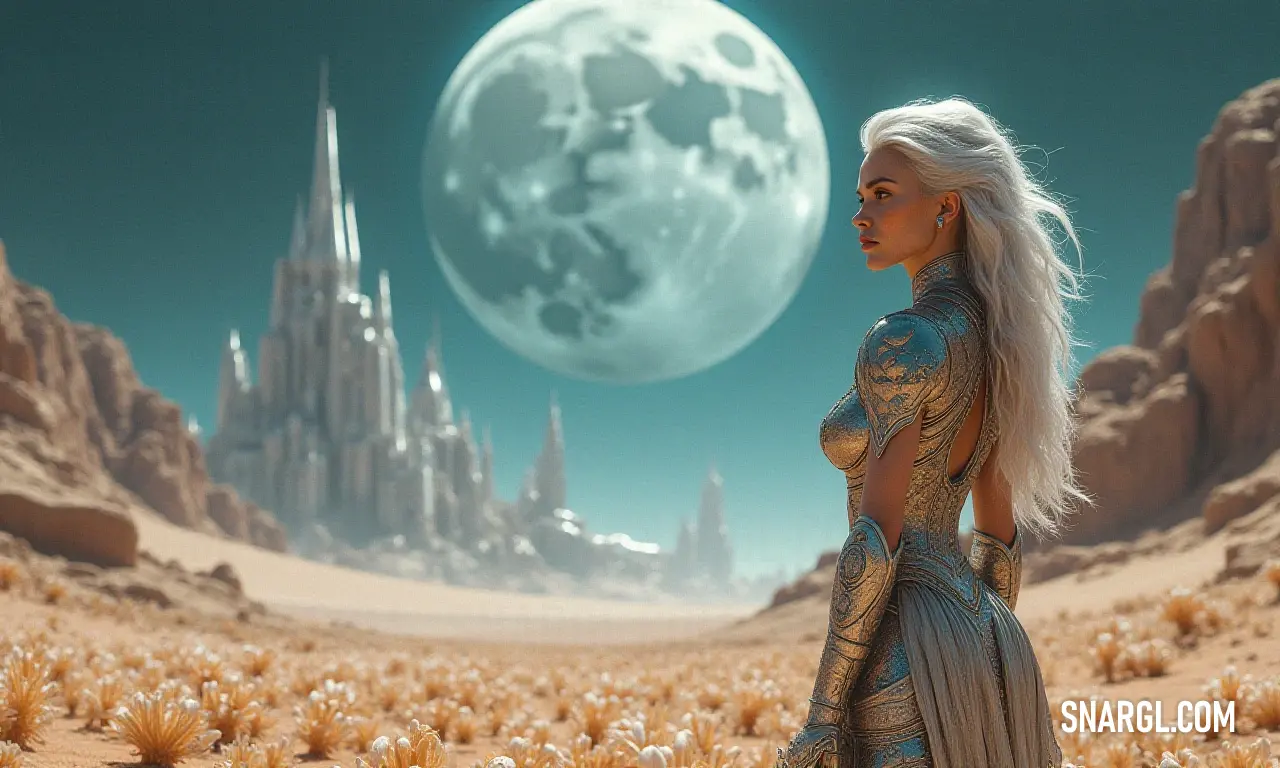 Elegant woman in a silver dress gracing a mystical desert landscape, under the luminous glow of an enormous moon. A woman in a shimmering silver dress stands gracefully in a barren desert under the shadow of a giant moon, a scene that radiates calm and intrigue.