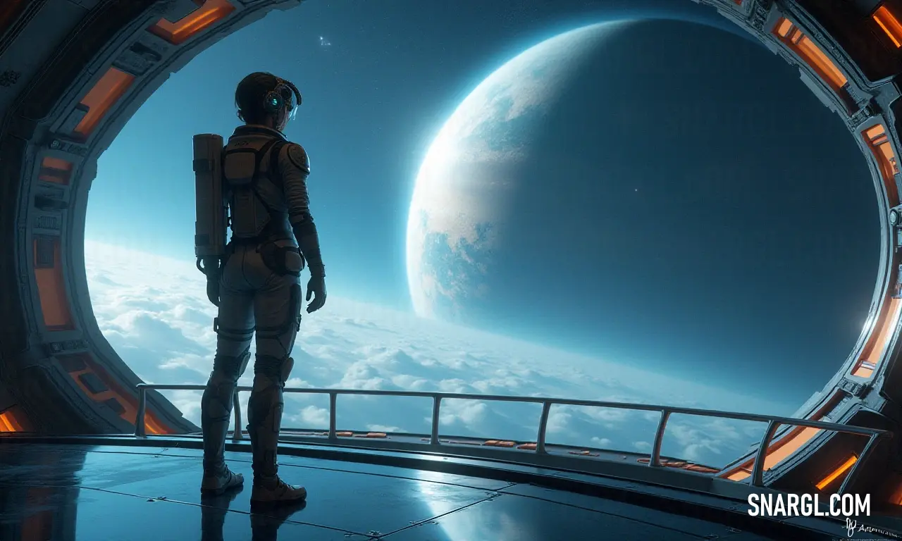 A deep thinker gazes at the cosmos, pondering the mysteries of the universe beyond the window. A man stands before an expansive window, lost in a celestial view of planets and stars that illuminate the night sky beyond, infusing the scene with a sense of wonder and the allure of outer space.