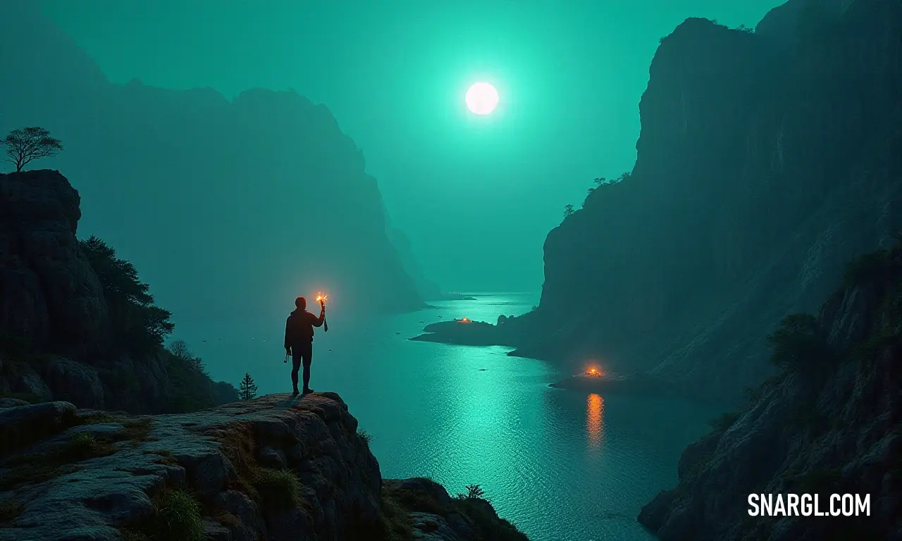 A lone observer watches the shimmering waters beneath a striking green light from a high cliff. A solitary figure stands on a cliff, gazing out over the tranquil waters illuminated by the glow of a mysterious green light overhead, combining the wonder of nature with an ethereal night vision.