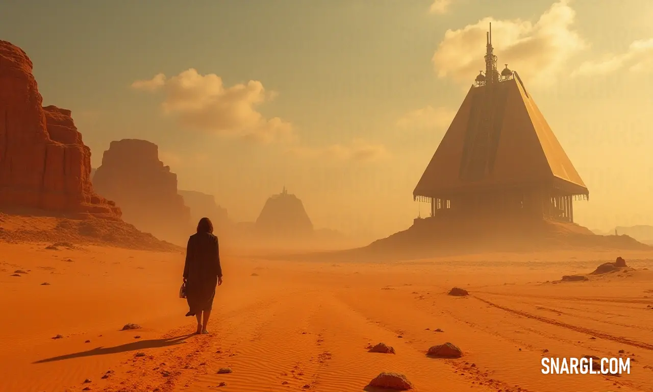 A determined traveler crosses the expansive desert towards a distant structure, embodying the spirit of exploration. A figure traverses an arid desert landscape, their silhouette framed against a distant building that looms like a mirage under the scorching sun, epitomizing the spirit of resilience and adventure in harsh environments.