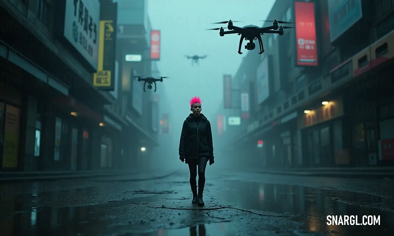 An audacious individual walks through the rain amid quirky contrasts of urban life and aviation. An eccentric person with a vibrant pink mohawk walks confidently through a rain-streaked street, as a small plane soars above them, creating a fusion of urban adventure and whimsicality amidst the night.