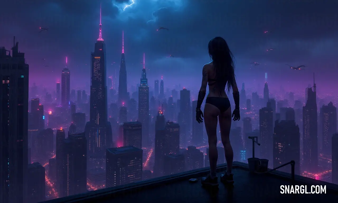 A contemplative soul observes the urban splendor from a rooftop, set against a striking purple night sky. A woman stands atop a city rooftop, gazing contemplatively at the dazzling skyline beneath a swirl of vibrant purple skies, enveloped by the enchanting beauty that defines the night.
