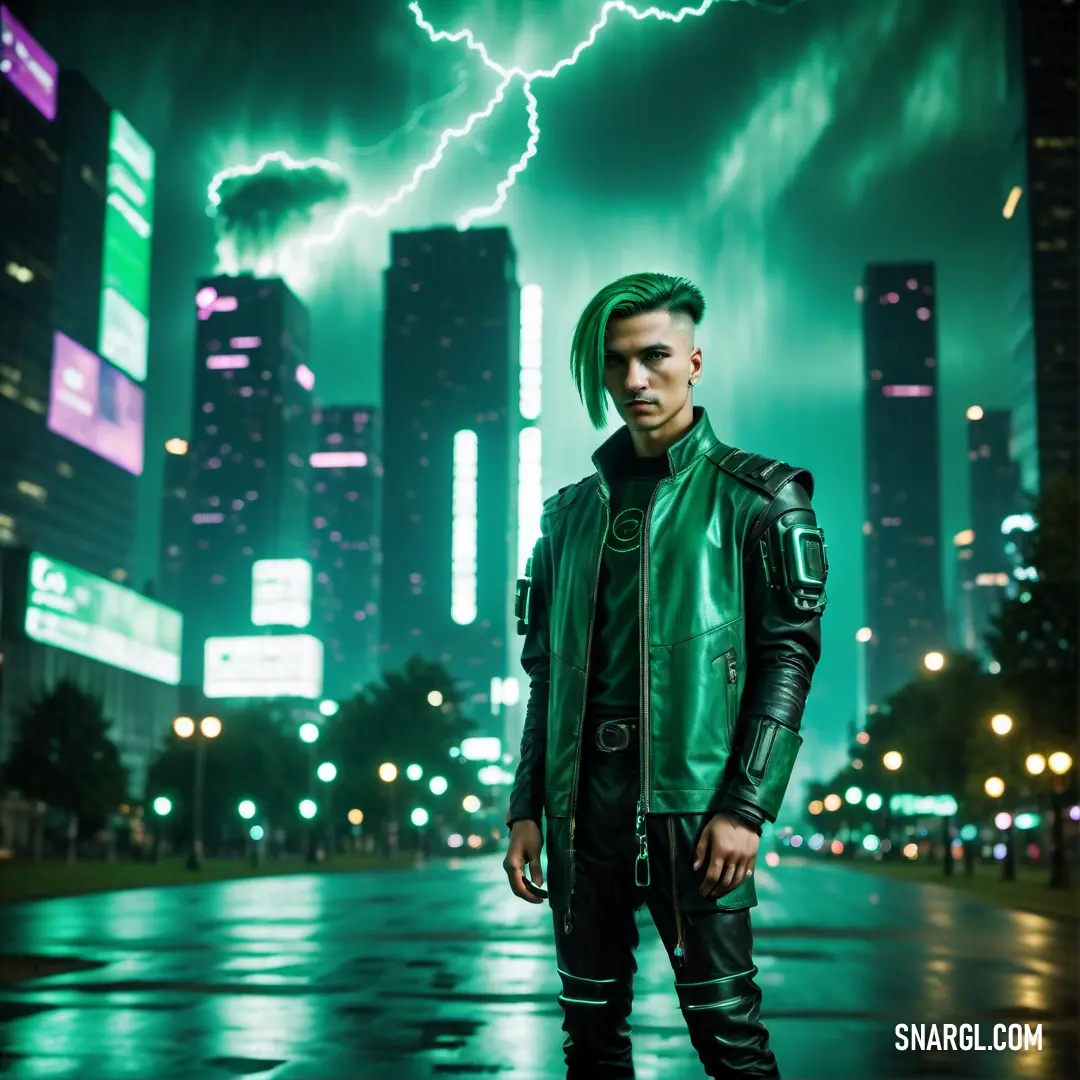 Man in a green leather outfit standing in the rain with a lightning in the background in a city