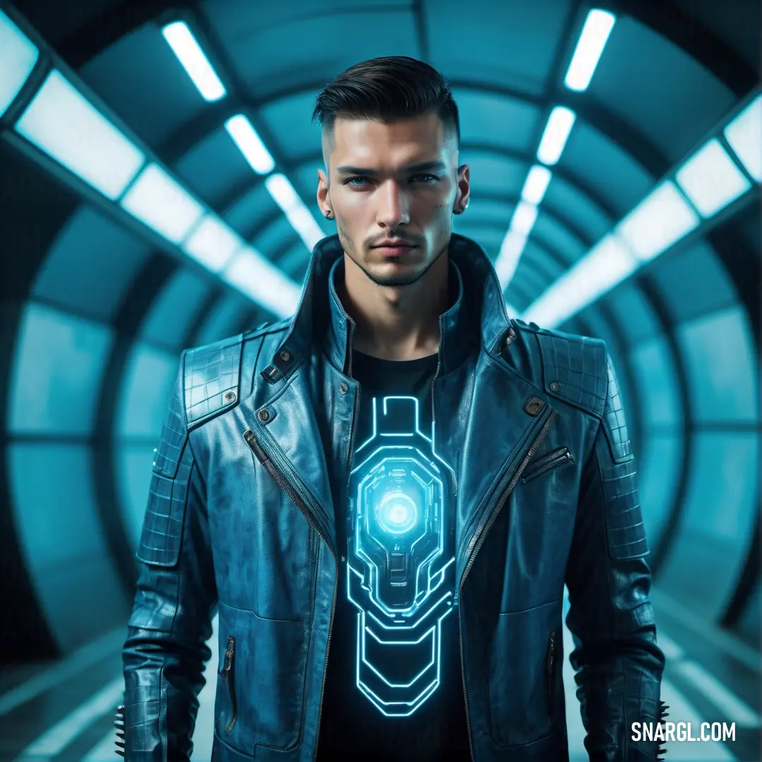 Man in a leather jacket standing in a tunnel with a light on his chest and a futuristic helmet on his head