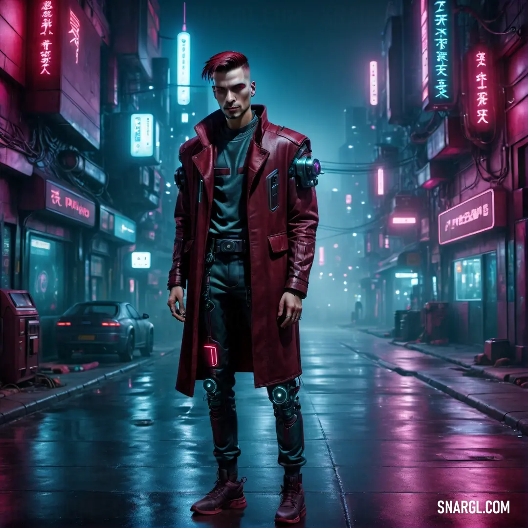 Man in a red coat standing on a city street at night with neon lights behind him