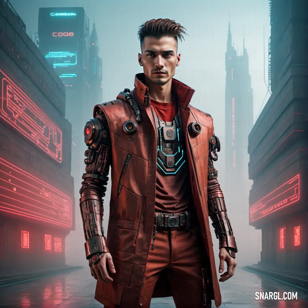 Man in a red leather jacket standing in a city street with neon lights on the buildings and a futuristic cityscape in the background