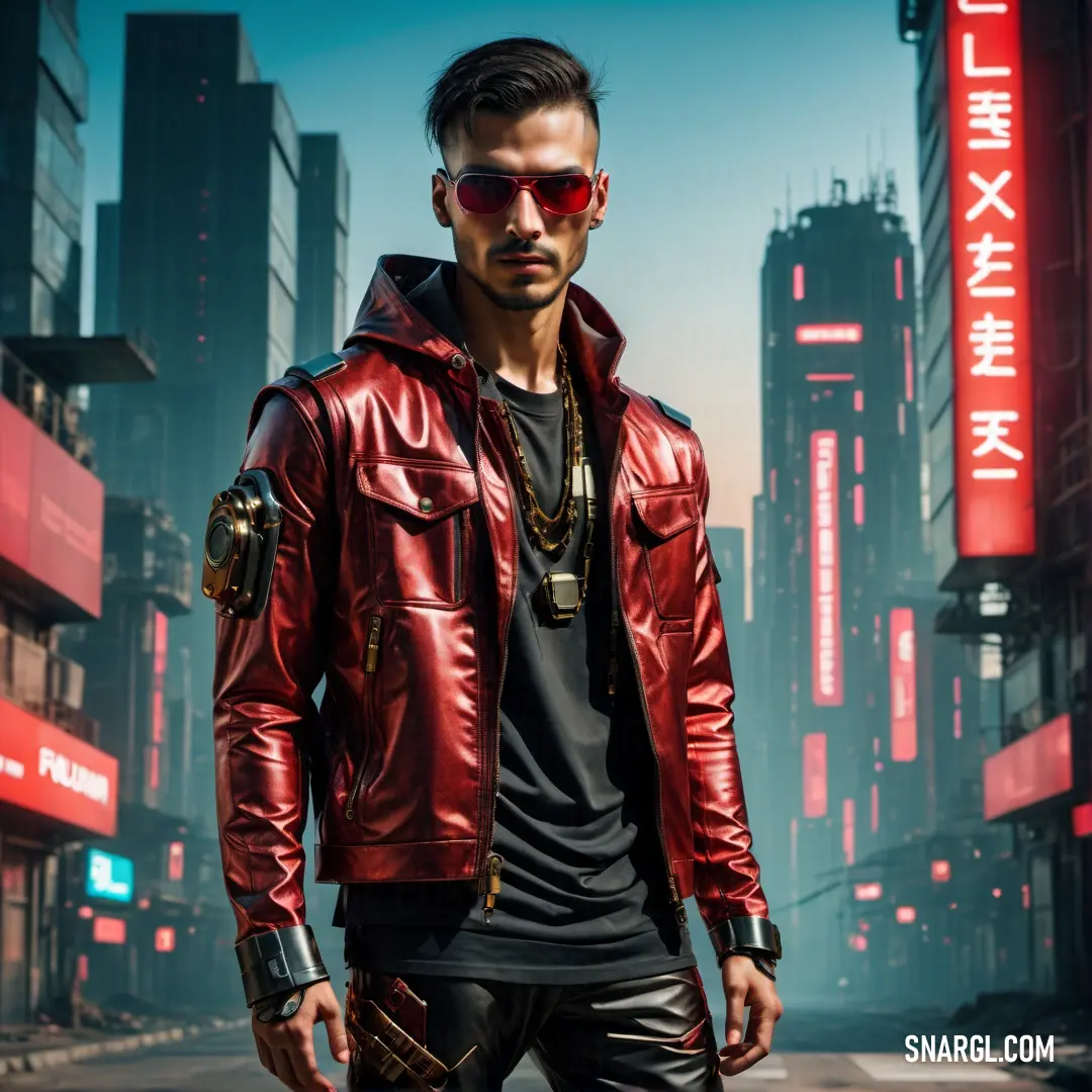Man in a red leather jacket and sunglasses standing in a city street with a red neon sign in the background