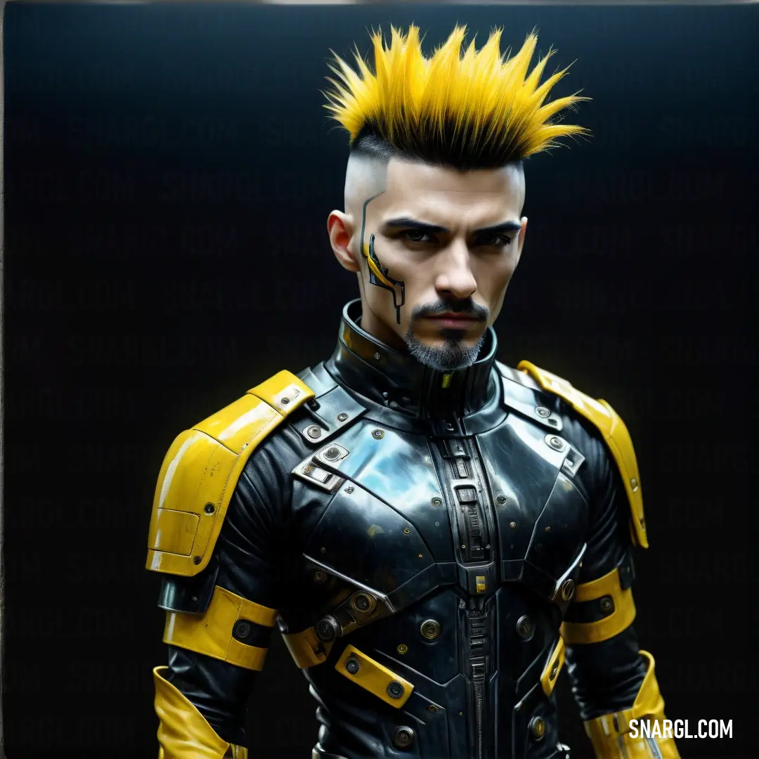Man with a mohawk and yellow hair wearing a black and yellow outfit with yellow accents