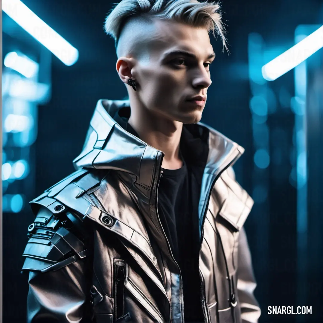 Man with a mohawk and a leather jacket on posing for a picture in a dark room with lights