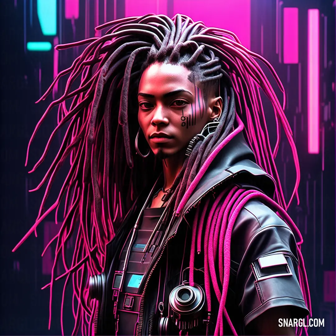 Man with dreadlocks and a pink background is wearing a black jacket