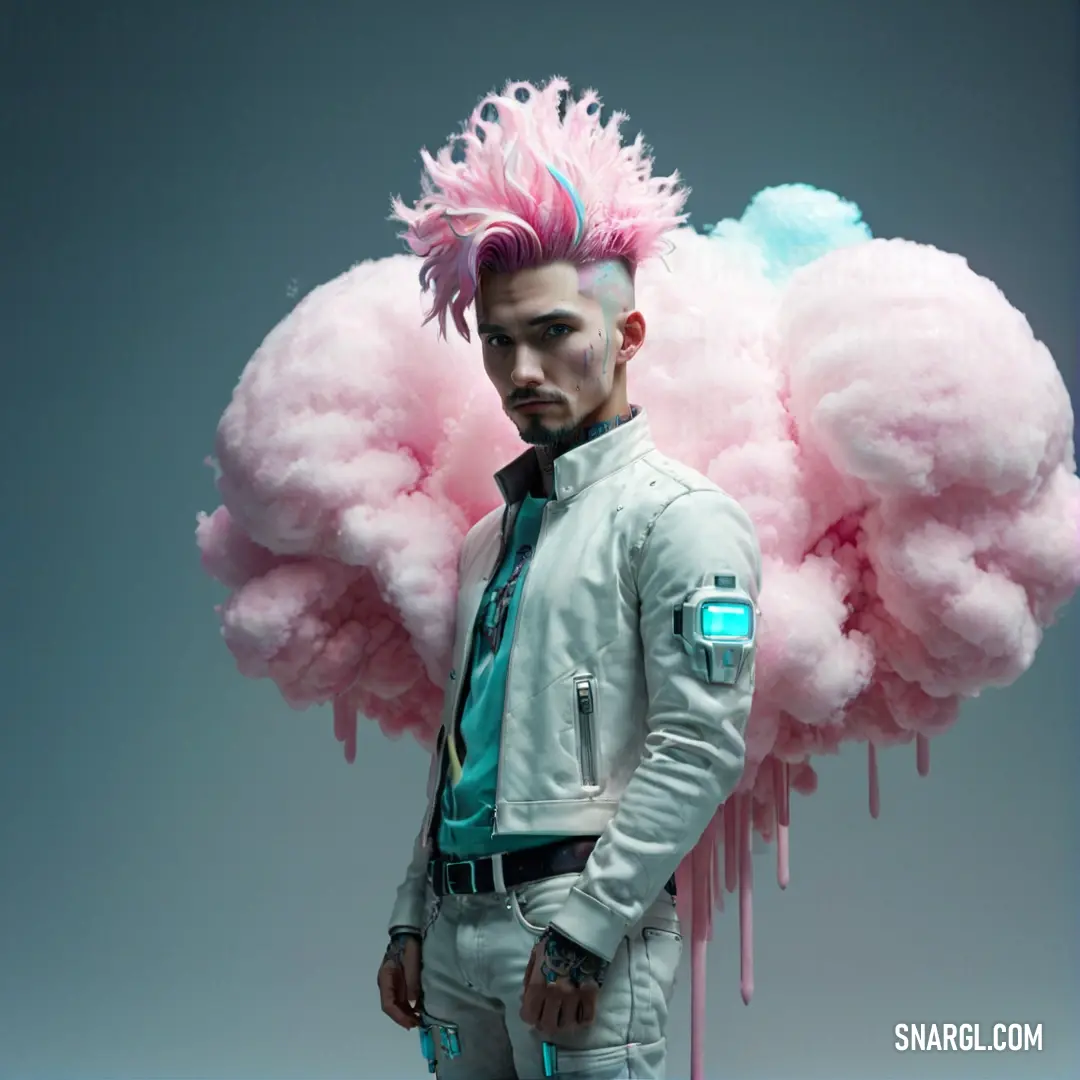 Man with pink hair standing in front of a cloud of pink clouds with a blue light on top