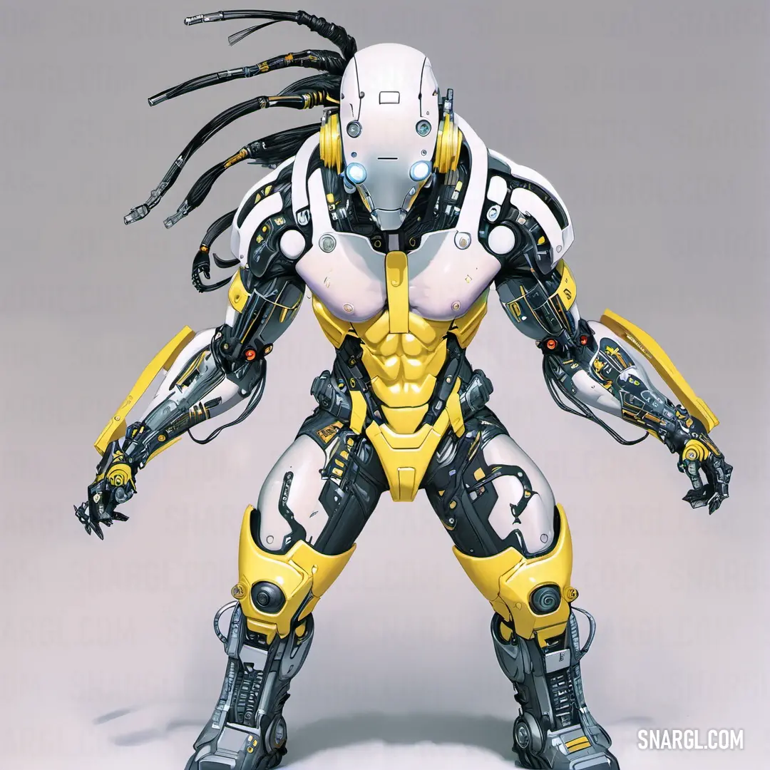 Robot with a large yellow and black body and arms and legs